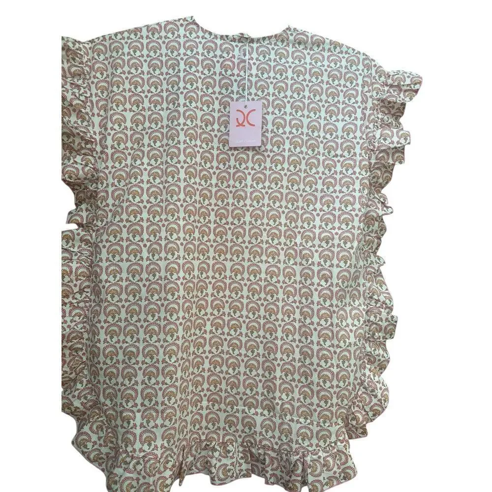 Quiet Culture Cotton Poplin Lounge Dress Pink Green Geometric Ruffle Trim NWT - Picture 4 of 6